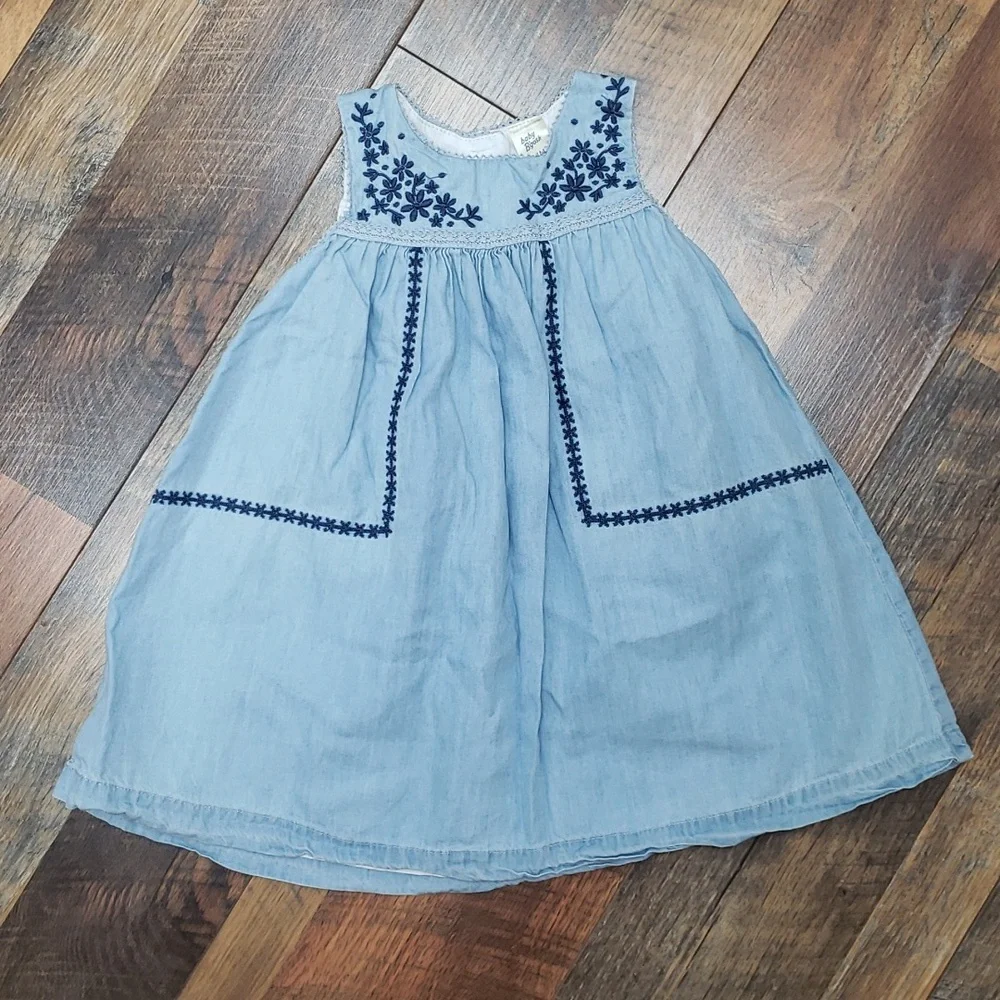 Baby B'Gosh Blue Chambray Sleeveless Floral Embroidered Dress, Size 24M